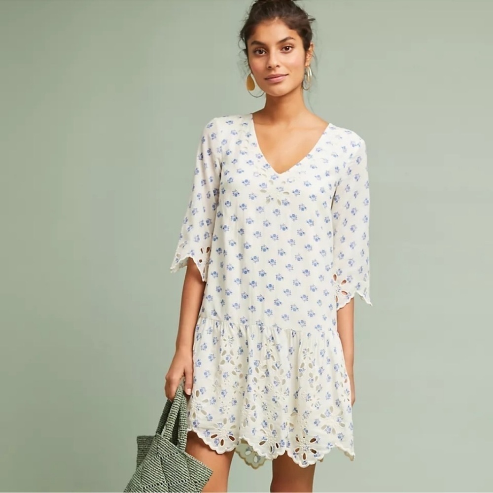 Anthropologie Meadow Rue Ivory Eyelet Floral Tunic Dress Extra Small